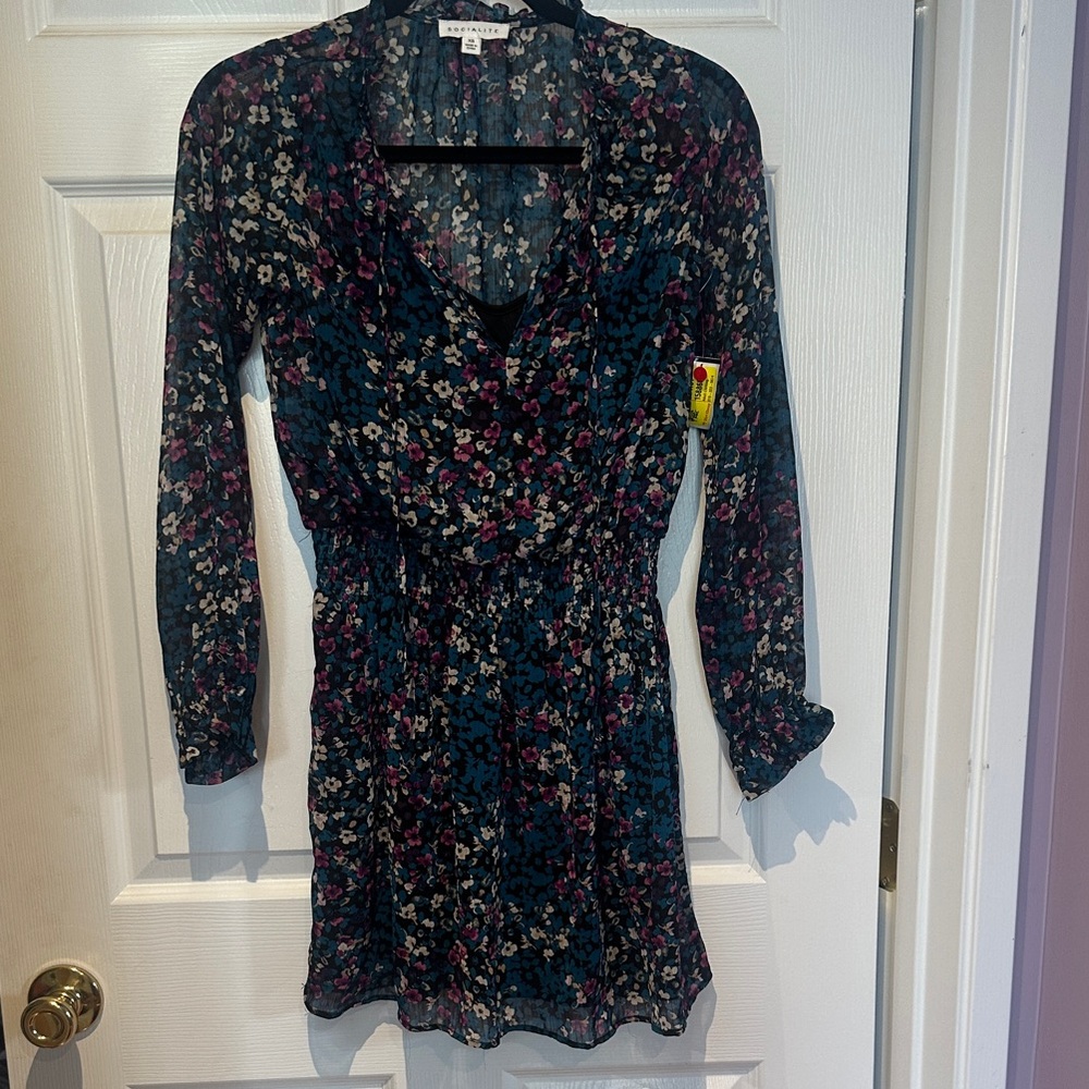 Socialite Floral  Long-Sleeve Smocked Waist Dress -